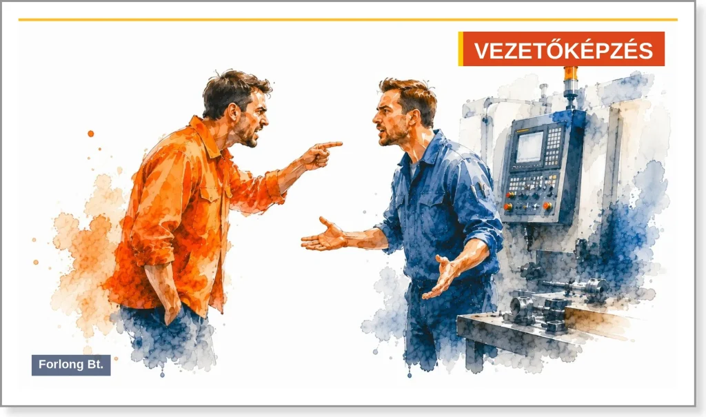 Két munkás vitatkozik a gépsor mellett – érzelmi intelligencia a munkahelyen, Forlong Bt.