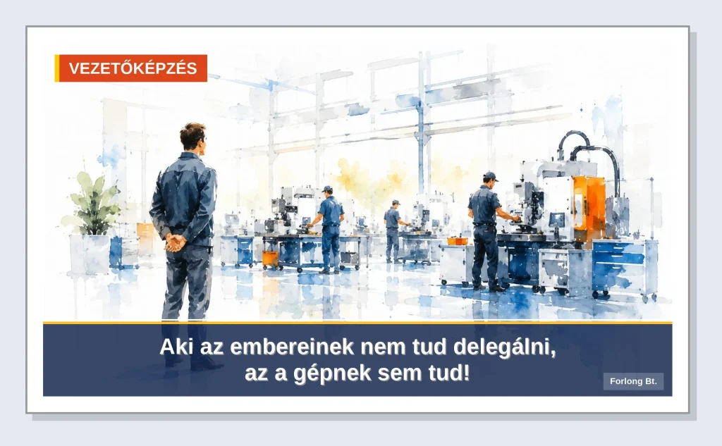 Delegálás vezetőknek: nyugodt vezető figyeli, ahogy csapata önállóan dolgozik egy korszerű gyártócsarnokban – akvarell illusztráció