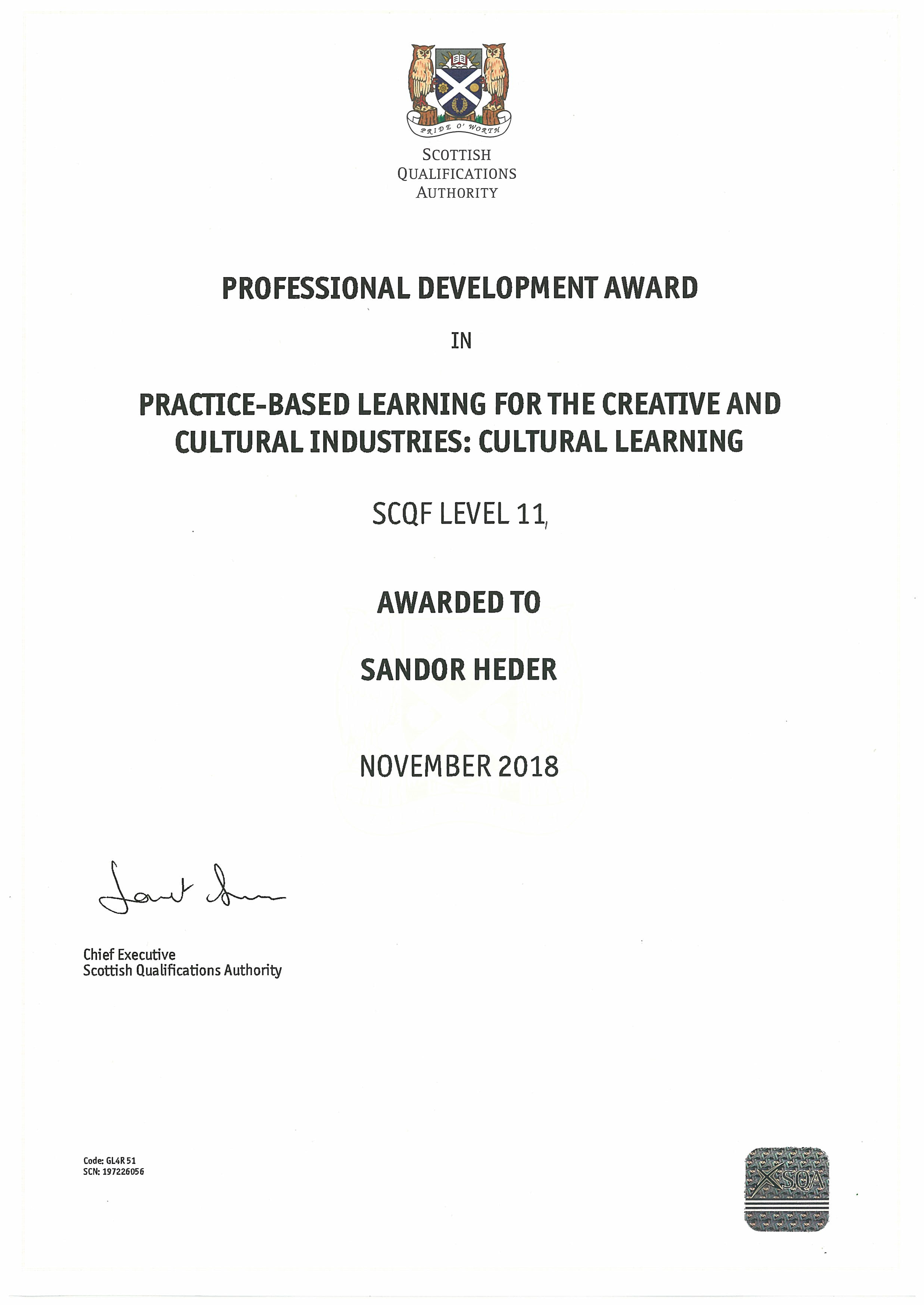 Héder Sándor - Scottish Qualifications Authorithy (SQA): Professional Development Award in Practice-based Learning for the Creative and Cultural Industries