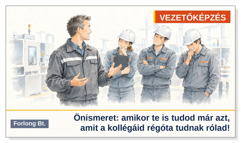 Vezetői önismeret: a műszakvezető magabiztosan magyaráz, a csapat tagjai összemosolyognak.