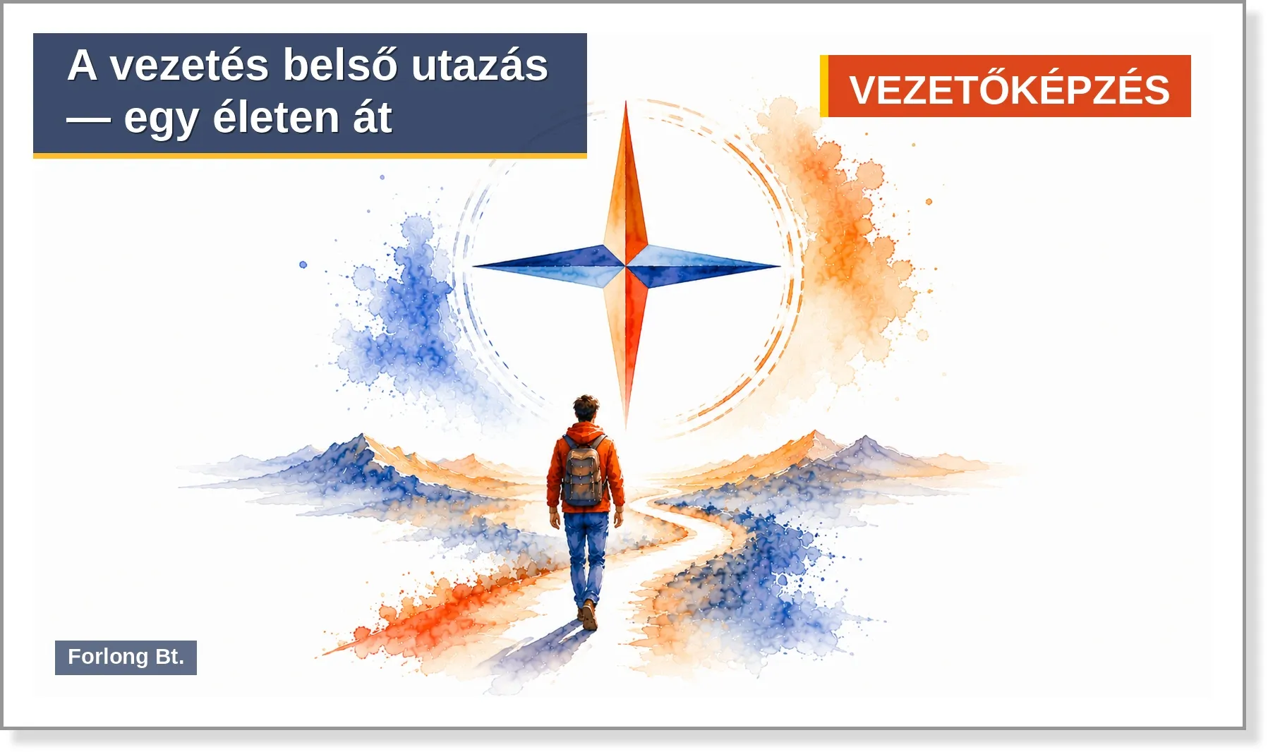 Akvarell illusztráció: vándor az ösvényen négyágú iránytű alatt – a vezetői belső utazás négy kérdésének jelképe
