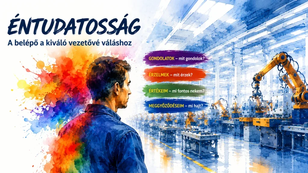 Műszakvezető megáll és figyel magára egy gyári folyosón – a vezetői éntudatosság első pillanata