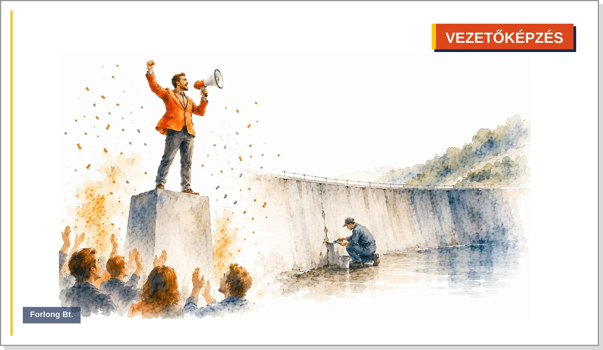 Ünnepelt vezető megafonnal a talapzaton, miközben a háttérben egy másik vezető csendben megelőzi a bajt