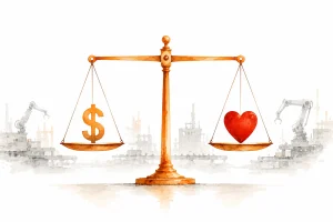 Kétkarú mérleg egyensúlyban: dollárjel és szív – a profit és az emberség egyensúlya a vezetésben