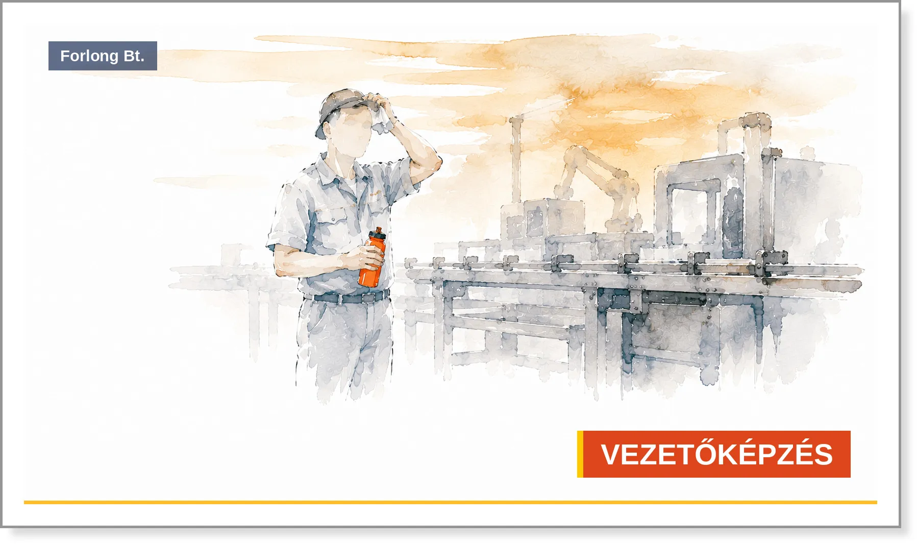 Hőterhelés a gyárban: dolgozó vizespalackkal a gyártósor mellett nyári melegben