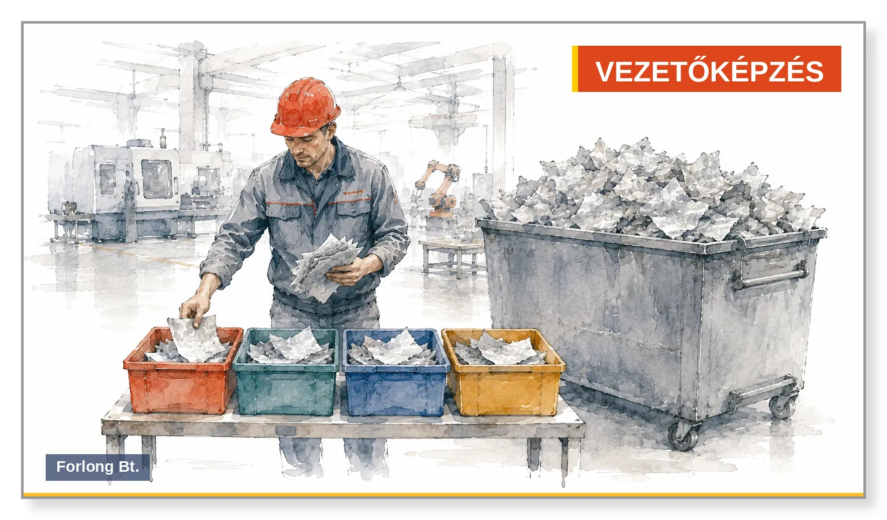 Üzemi dolgozó négy dobozba válogat, mellette gyűjtőkonténer – a vezetői szűrő metaforája